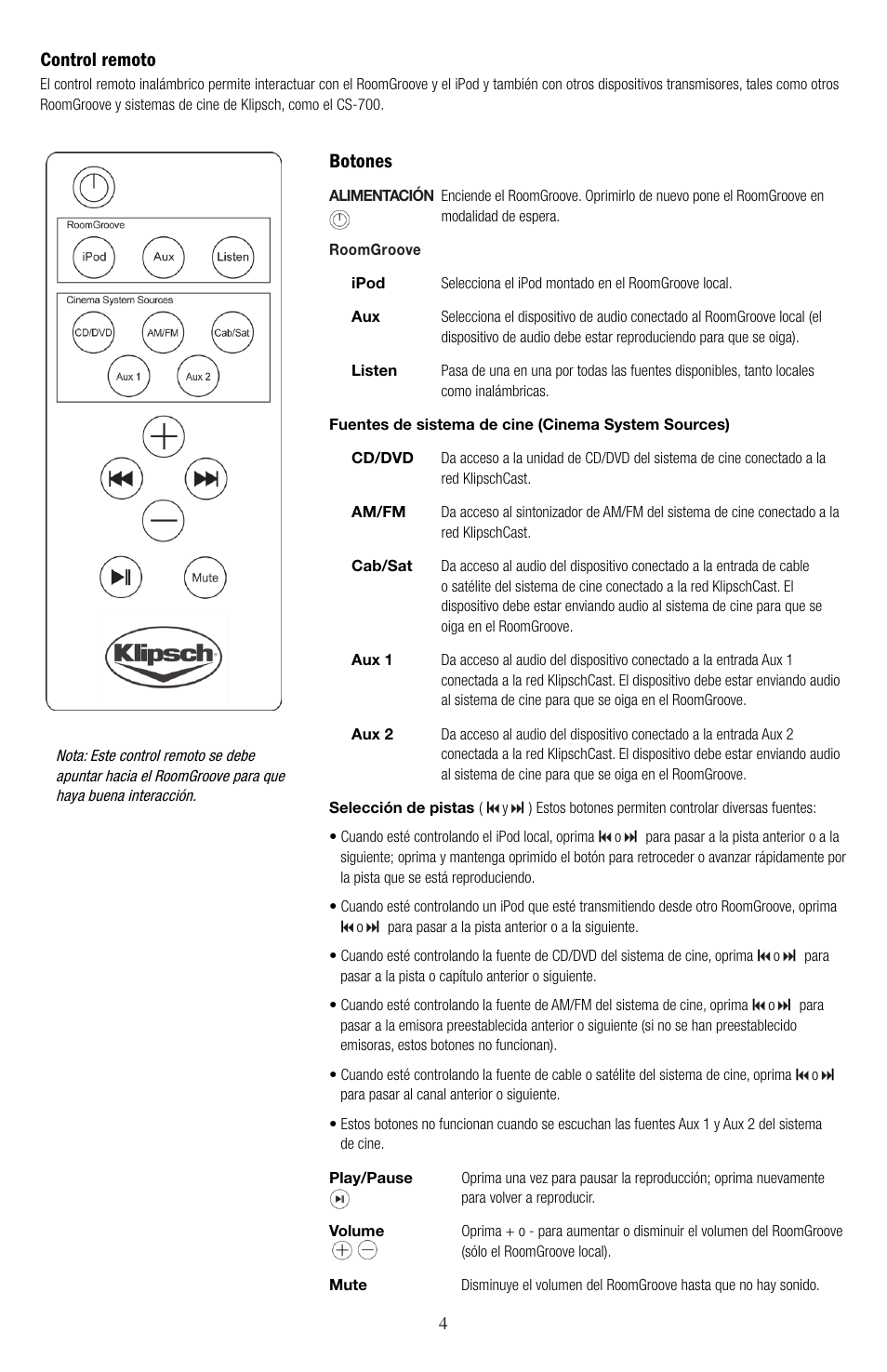 Botones, Control remoto | Klipsch ROOMGROOVE User Manual | Page 17 / 68