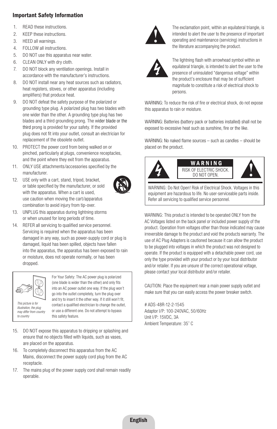 Important safety information, English | Klipsch ROOMGROOVE User Manual | Page 2 / 68