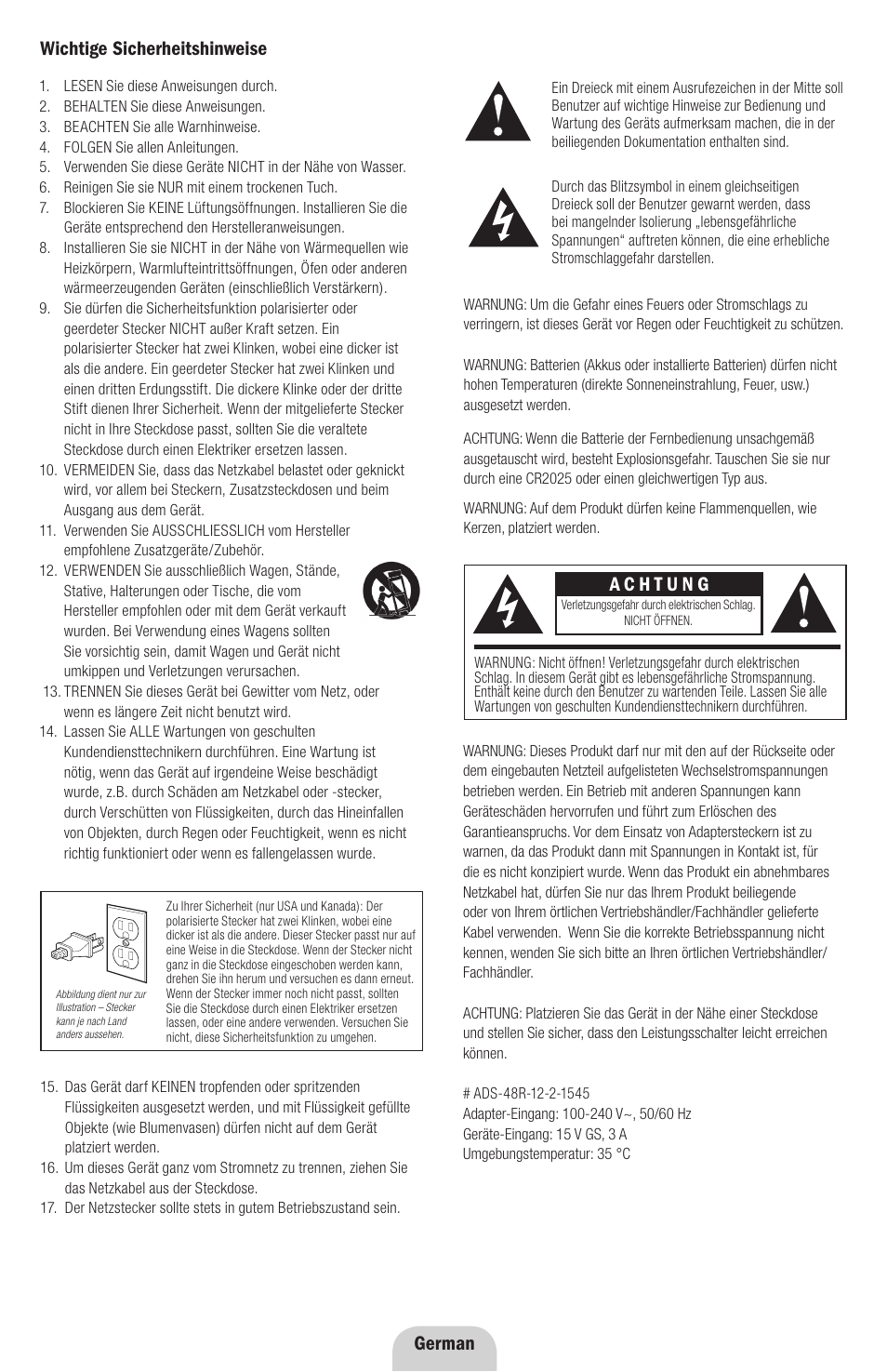 Wichtige sicherheitshinweise, German | Klipsch ROOMGROOVE User Manual | Page 20 / 68