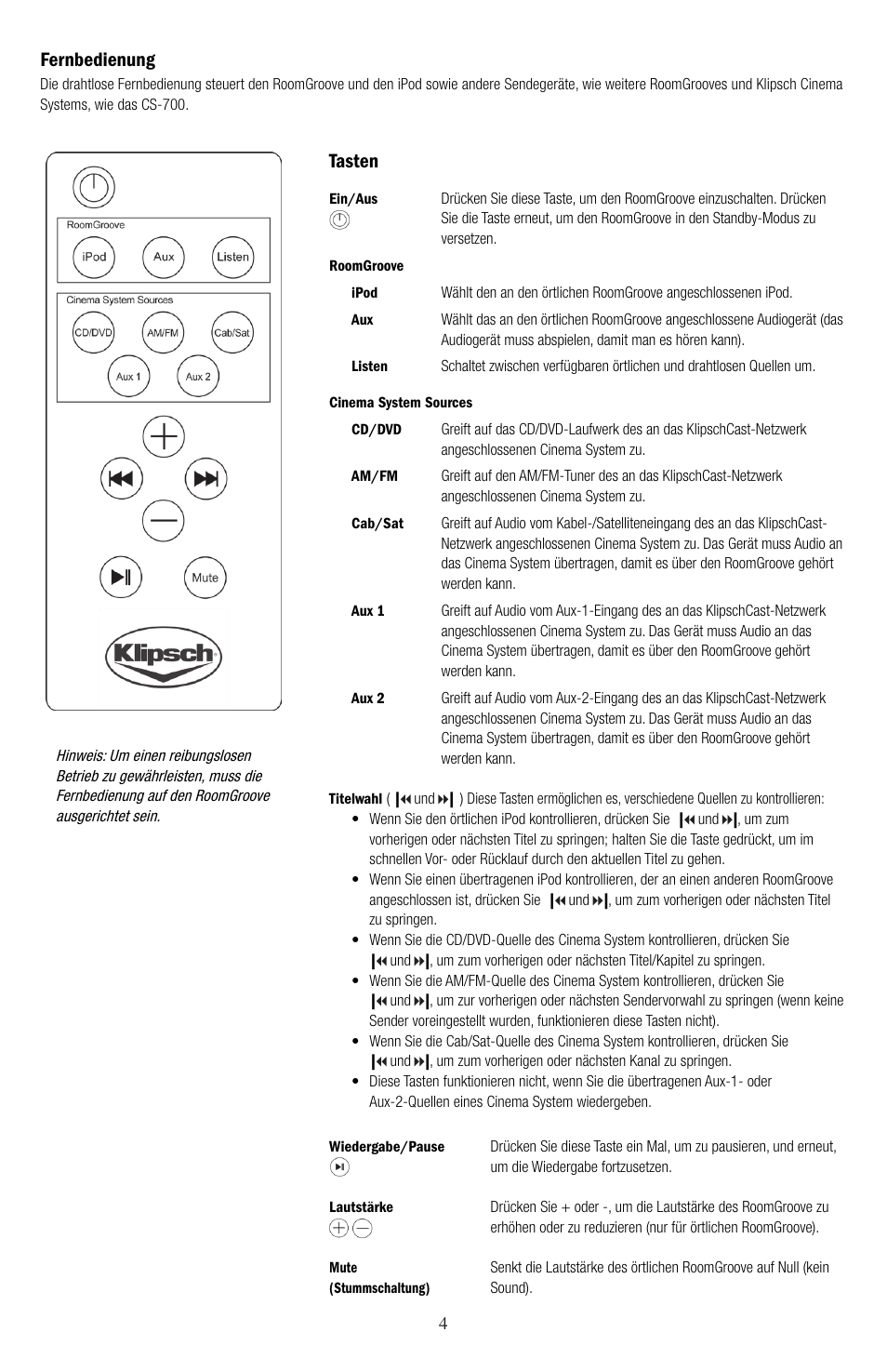 Tasten, Fernbedienung | Klipsch ROOMGROOVE User Manual | Page 23 / 68