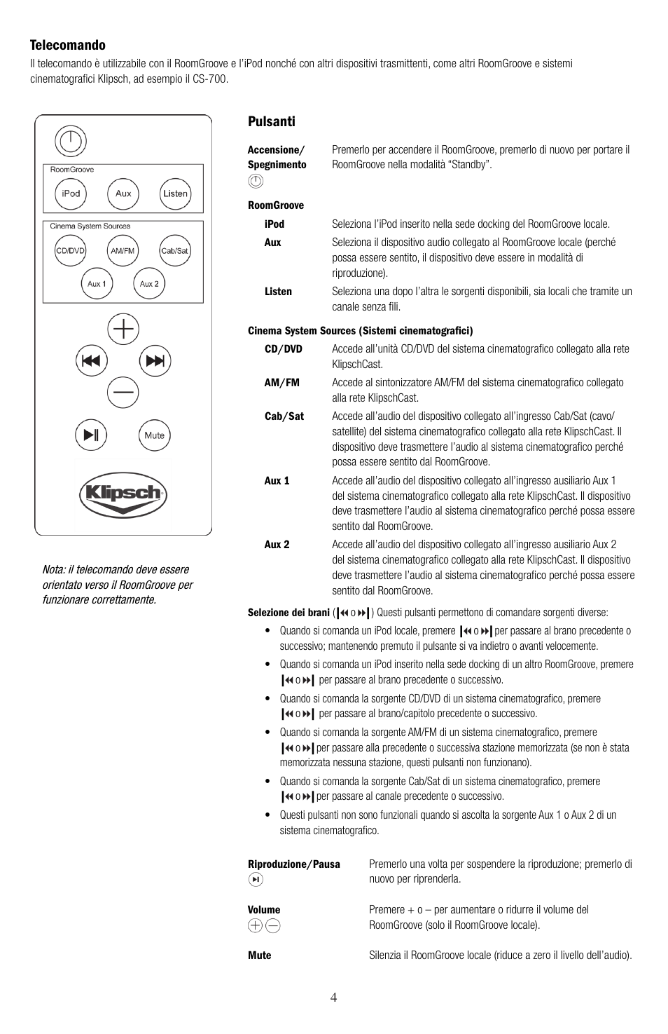 Pulsanti, Telecomando | Klipsch ROOMGROOVE User Manual | Page 29 / 68