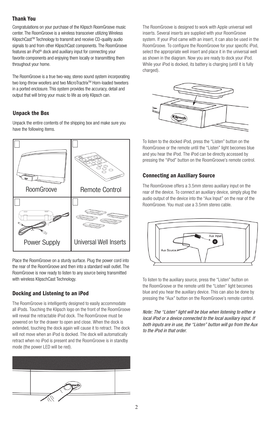 Remote control roomgroove, Universal well inserts power supply | Klipsch ROOMGROOVE User Manual | Page 3 / 68