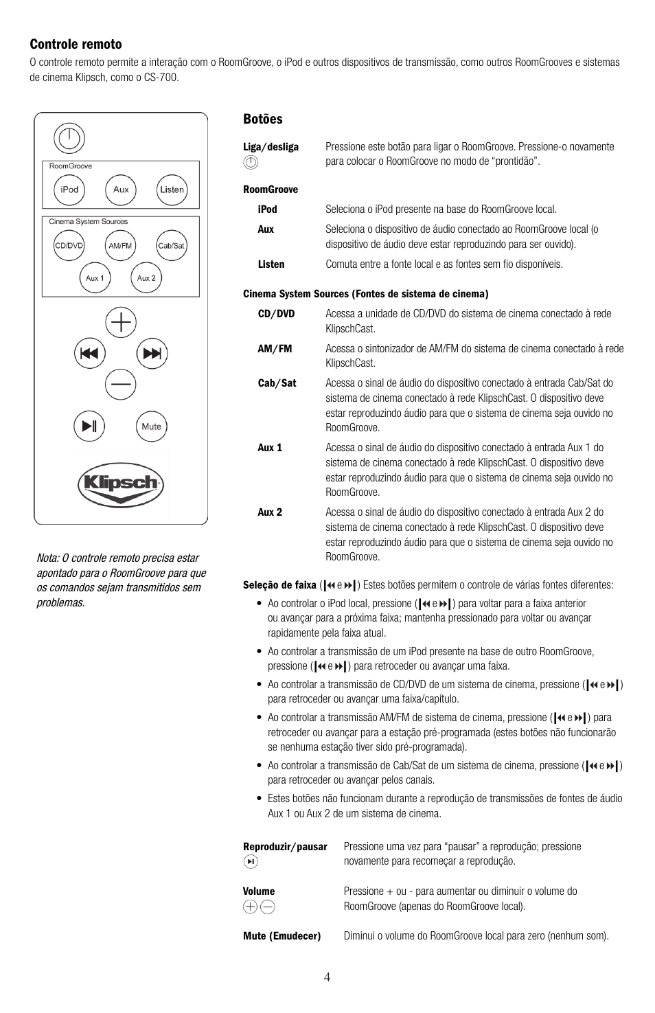 Botões, Controle remoto | Klipsch ROOMGROOVE User Manual | Page 35 / 68