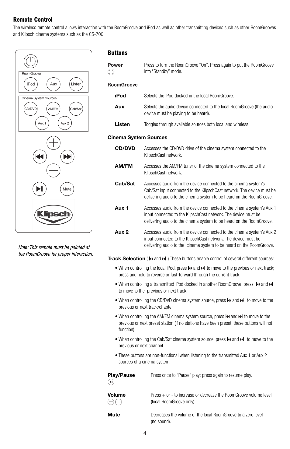 Buttons, Remote control | Klipsch ROOMGROOVE User Manual | Page 5 / 68