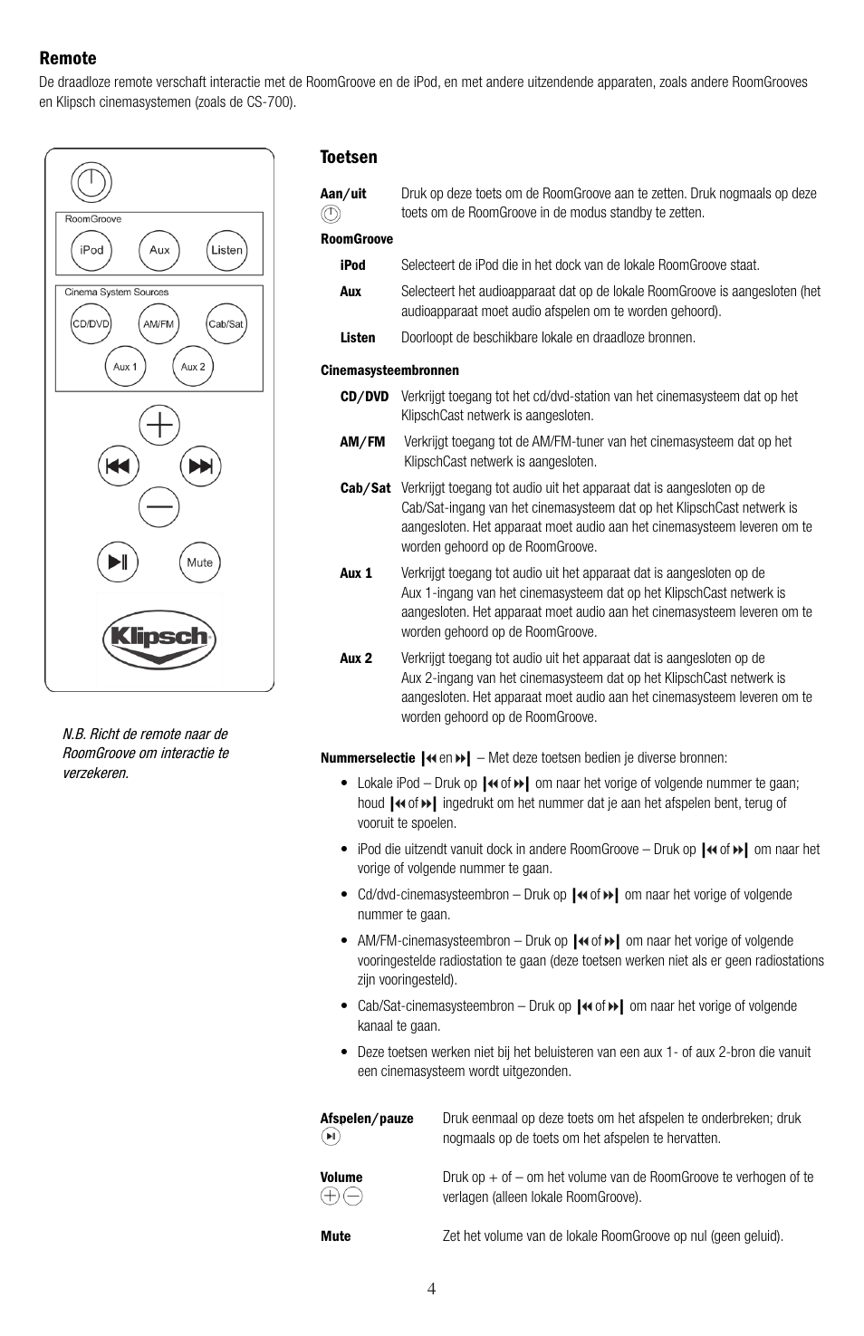 Toetsen, Remote | Klipsch ROOMGROOVE User Manual | Page 53 / 68