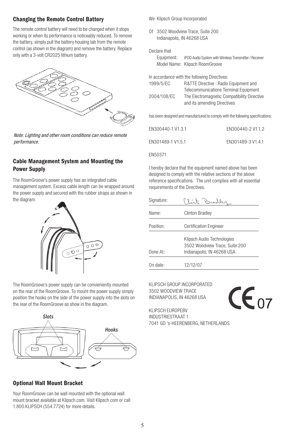 Changing the remote control battery, Optional wall mount bracket | Klipsch ROOMGROOVE User Manual | Page 6 / 68