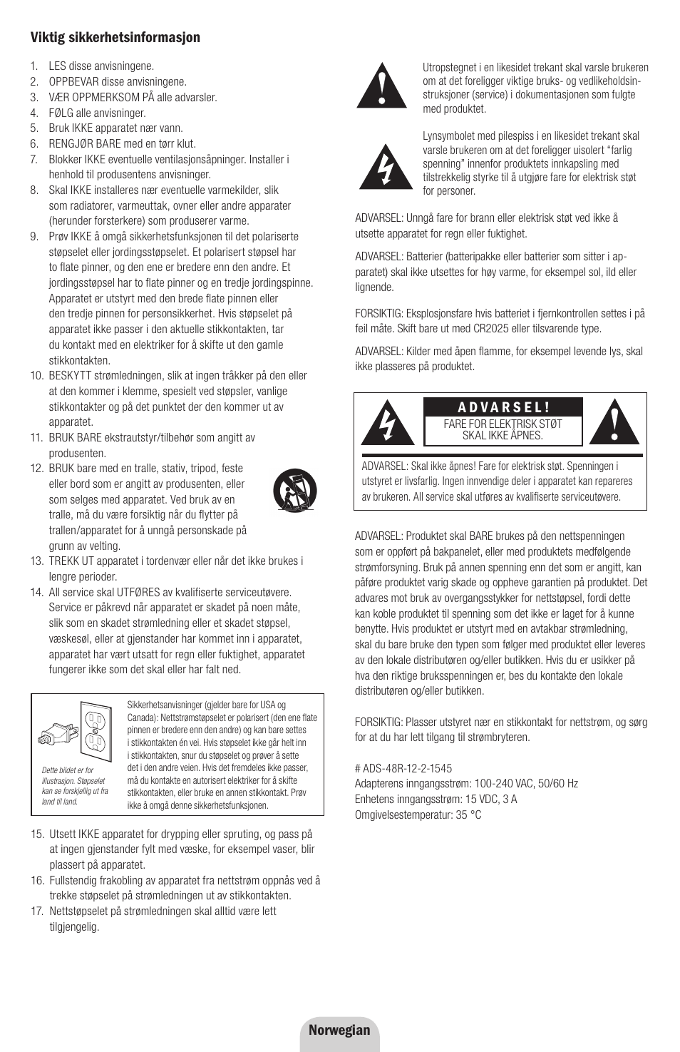 Viktig sikkerhetsinformasjon, Norwegian | Klipsch ROOMGROOVE User Manual | Page 62 / 68