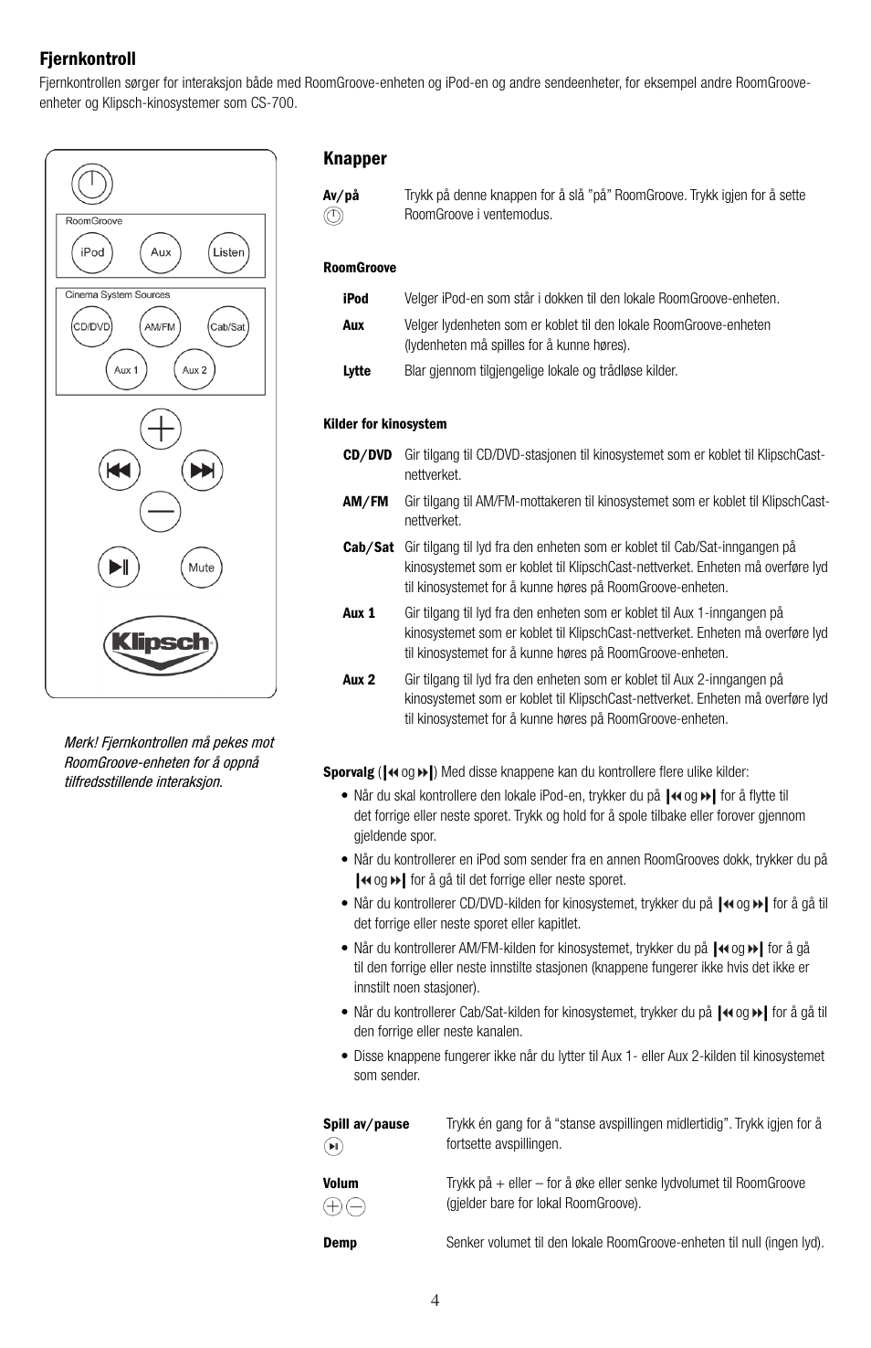 Knapper, Fjernkontroll | Klipsch ROOMGROOVE User Manual | Page 65 / 68