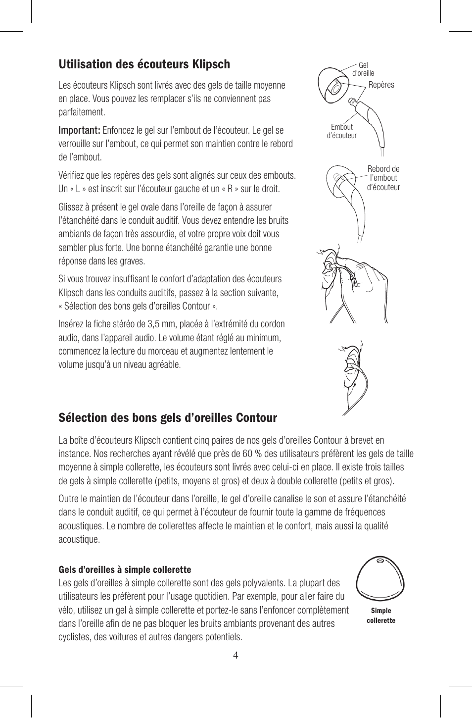Utilisation des écouteurs klipsch, Sélection des bons gels d’oreilles contour | Klipsch Earphones User Manual | Page 12 / 24