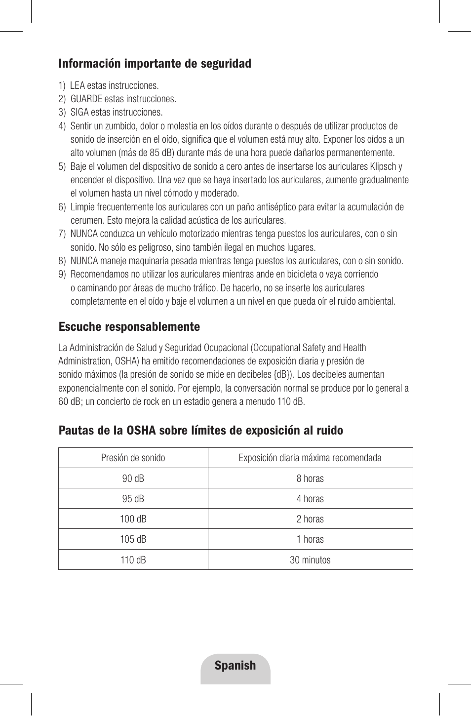 Escuche responsablemente | Klipsch Earphones User Manual | Page 16 / 24