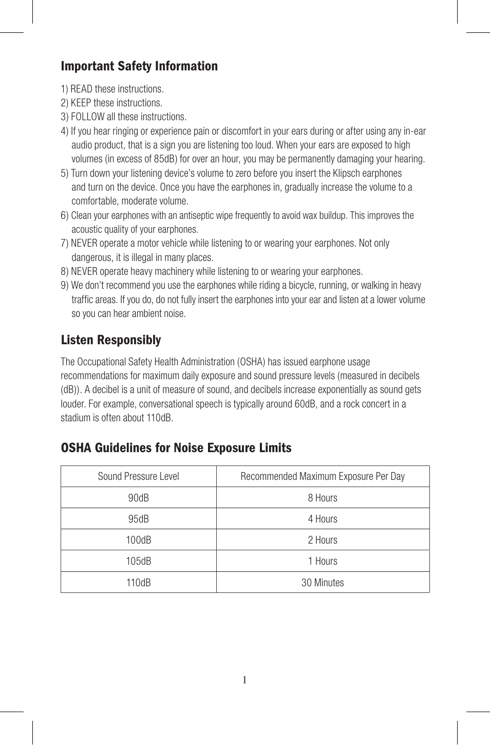 Listen responsibly, Osha guidelines for noise exposure limits, Important safety information | Klipsch Earphones User Manual | Page 2 / 24
