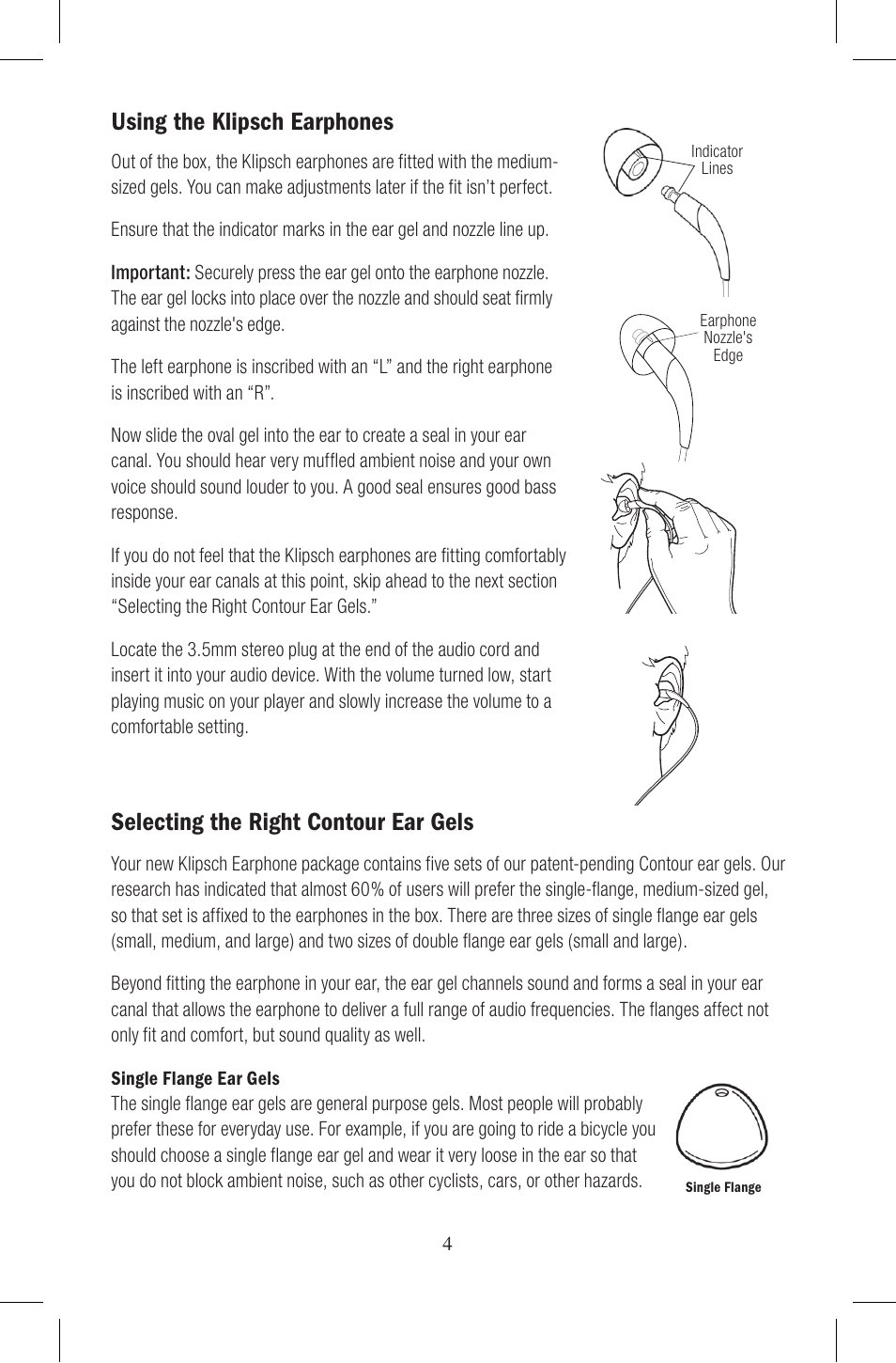 Using the klipsch earphones, Selecting the right contour ear gels | Klipsch Earphones User Manual | Page 5 / 24