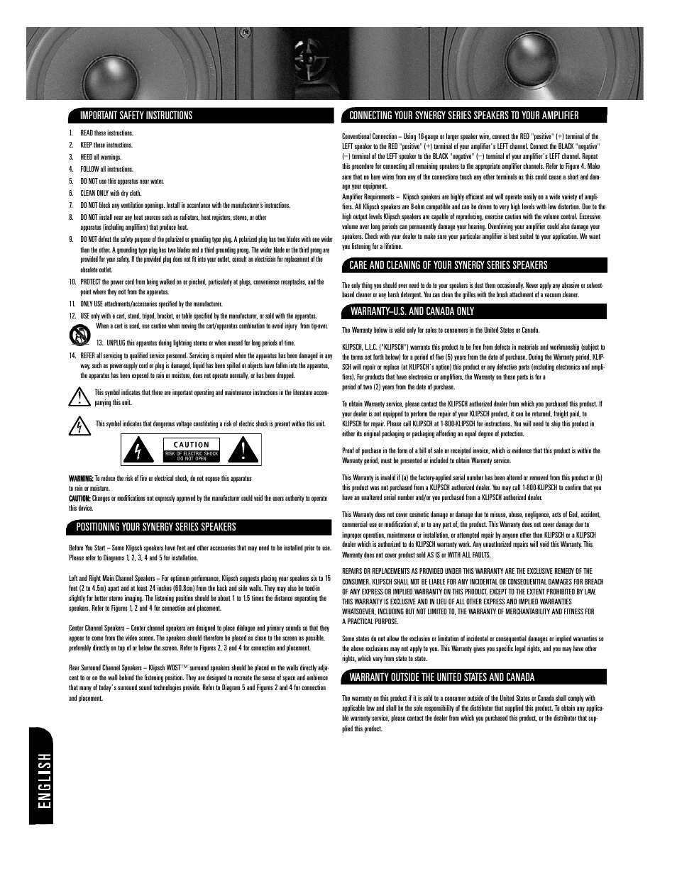 Important safety instructions, Positioning your synergy series speakers, Care and cleaning of your synergy series speakers | Warranty—u.s. and canada only, Warranty outside the united states and canada | Klipsch SYNERGY SERIES SPEAKER Syn.3 03 User Manual | Page 2 / 12