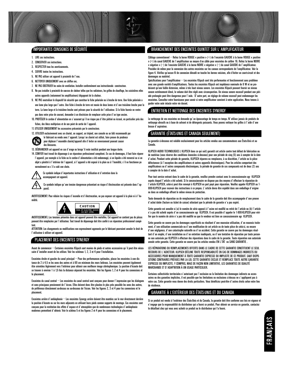 Importantes consignes de sécurité, Placement des enceintes synergy, Entretien et nettoyage des enceintes synergy | Garantie (états-unis et canada seulement), Garantie à l'extérieur des états-unis et du canada | Klipsch SYNERGY SERIES SPEAKER Syn.3 03 User Manual | Page 3 / 12