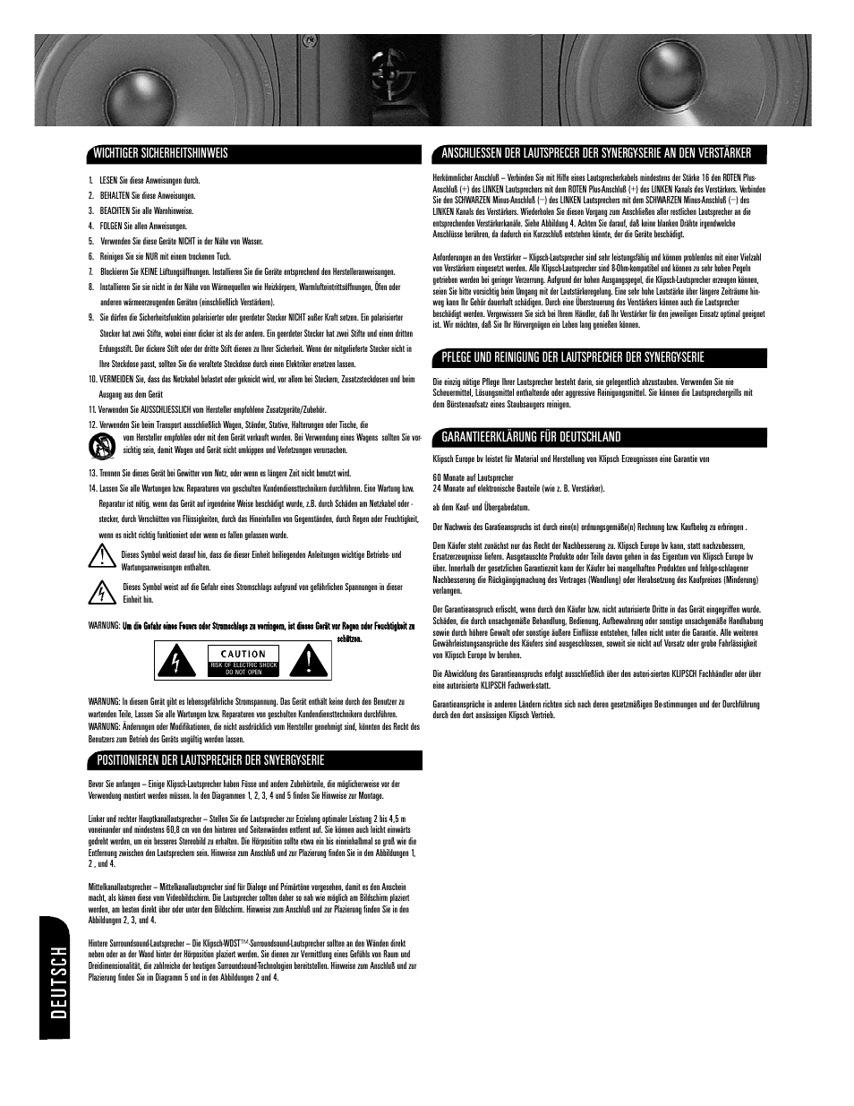 Wichtiger sicherheitshinweis, Positionieren der lautsprecher der snyergy-serie, Garantieerklärung für deutschland | Klipsch SYNERGY SERIES SPEAKER Syn.3 03 User Manual | Page 4 / 12