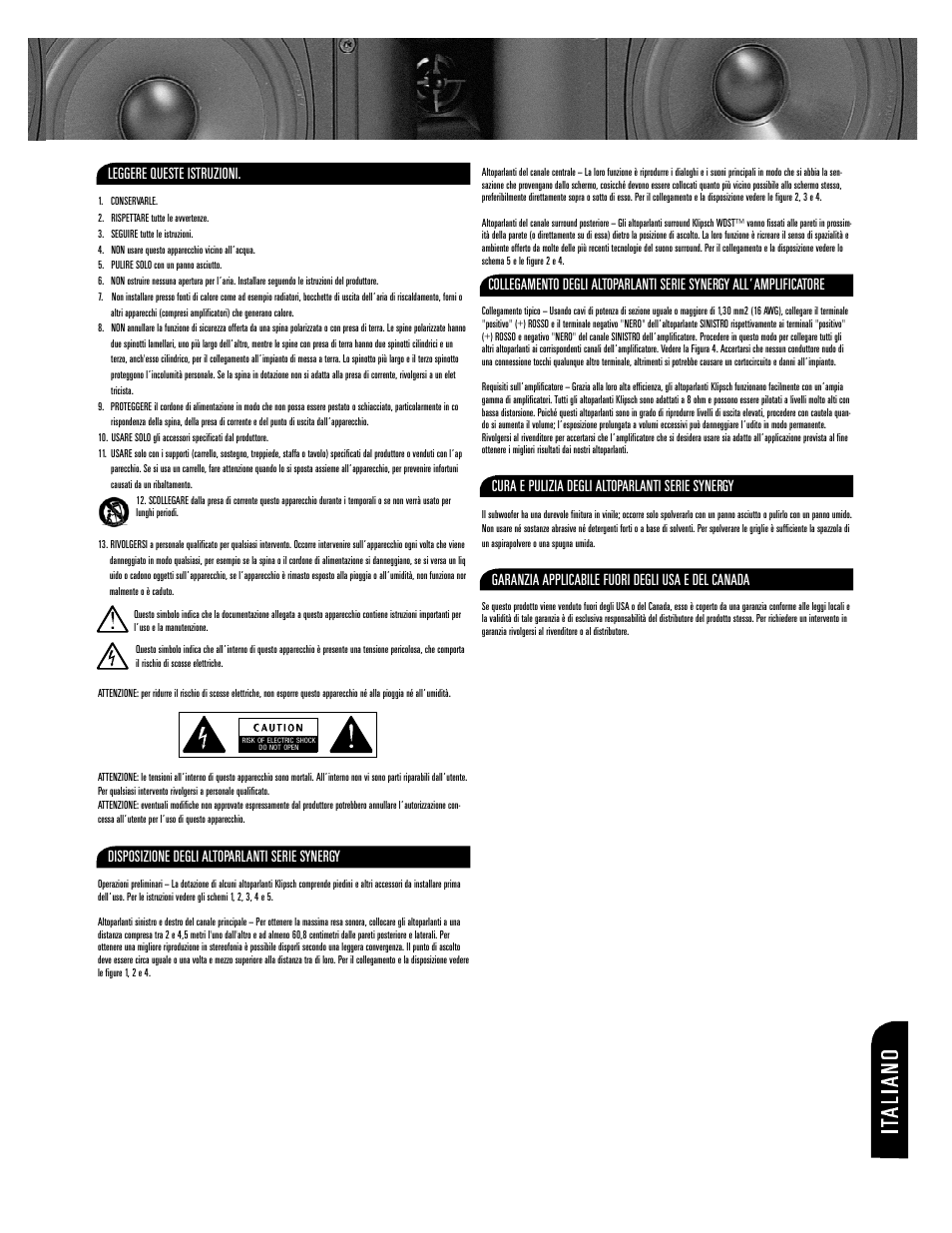 Leggere queste istruzioni, Disposizione degli altoparlanti serie synergy, Cura e pulizia degli altoparlanti serie synergy | Garanzia applicabile fuori degli usa e del canada | Klipsch SYNERGY SERIES SPEAKER Syn.3 03 User Manual | Page 5 / 12