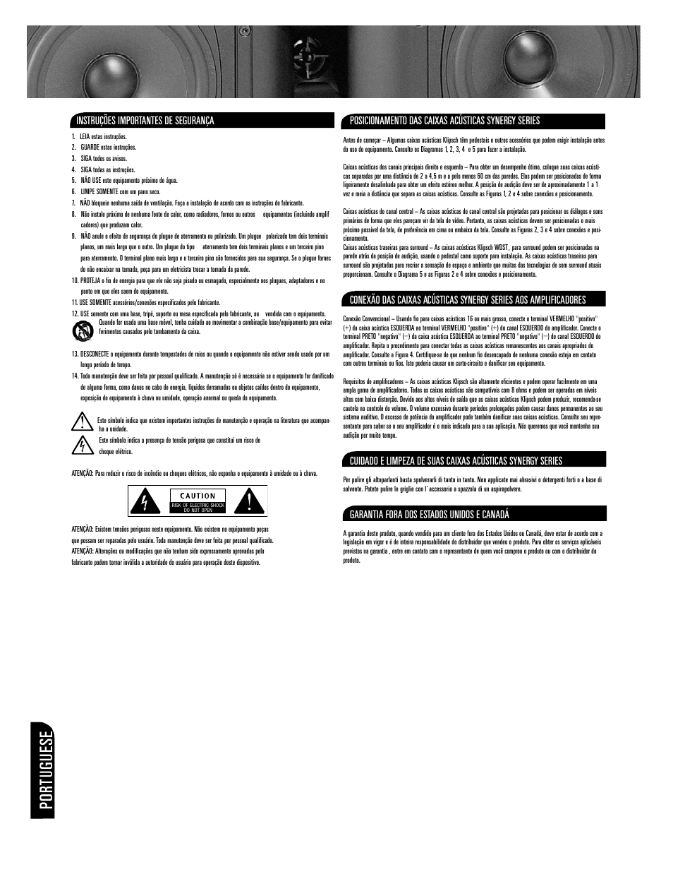 Instruções importantes de segurança, Posicionamento das caixas acústicas synergy series, Garantia fora dos estados unidos e canadá | Klipsch SYNERGY SERIES SPEAKER Syn.3 03 User Manual | Page 6 / 12