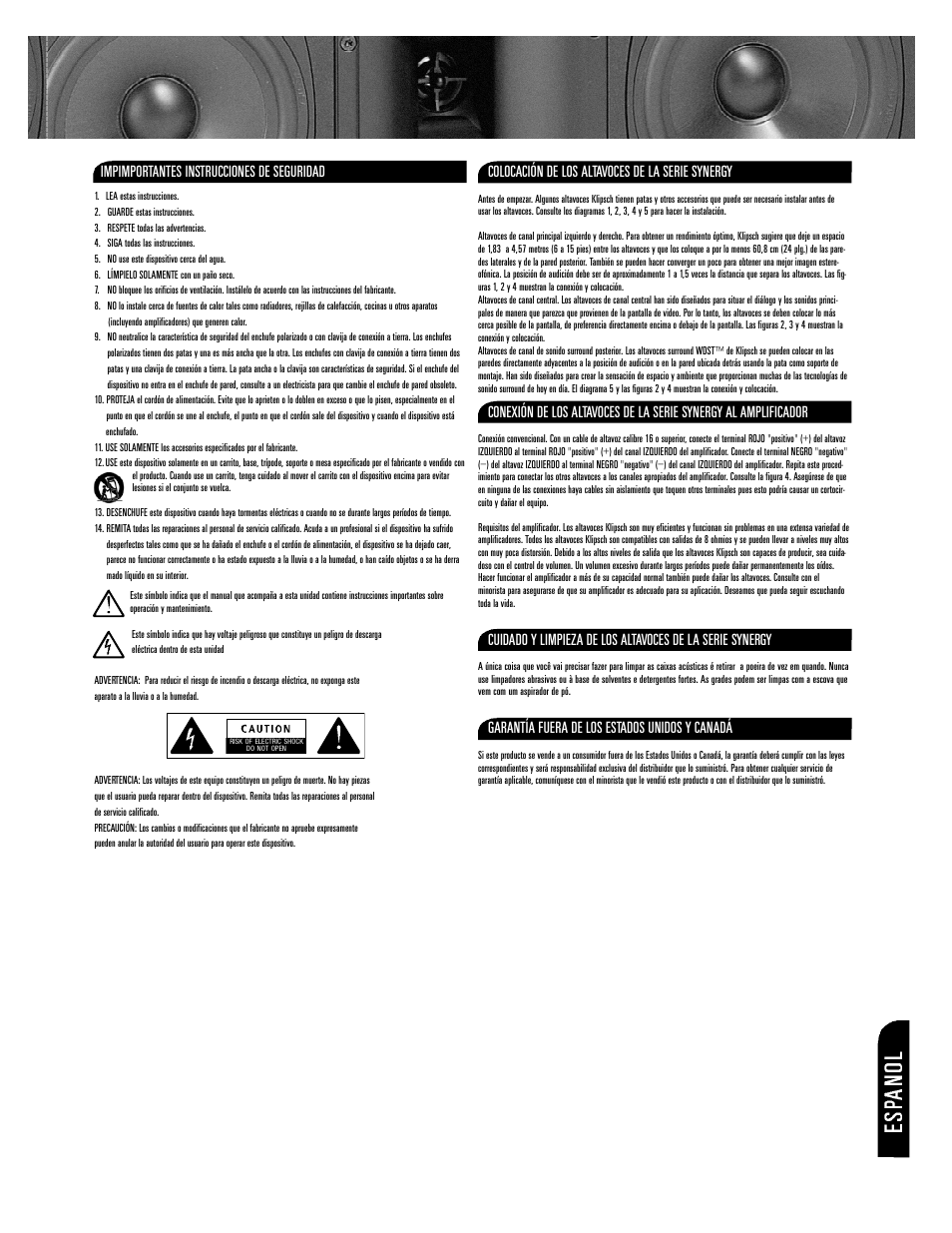 Impimportantes instrucciones de seguridad, Colocación de los altavoces de la serie synergy, Garantía fuera de los estados unidos y canadá | Klipsch SYNERGY SERIES SPEAKER Syn.3 03 User Manual | Page 7 / 12