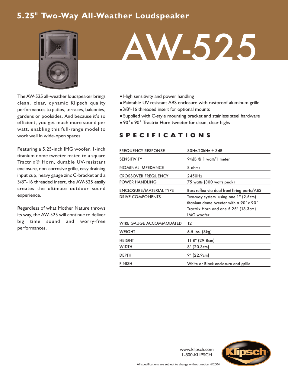 Klipsch Reference All-Weather Series AW-525 User Manual | 1 page