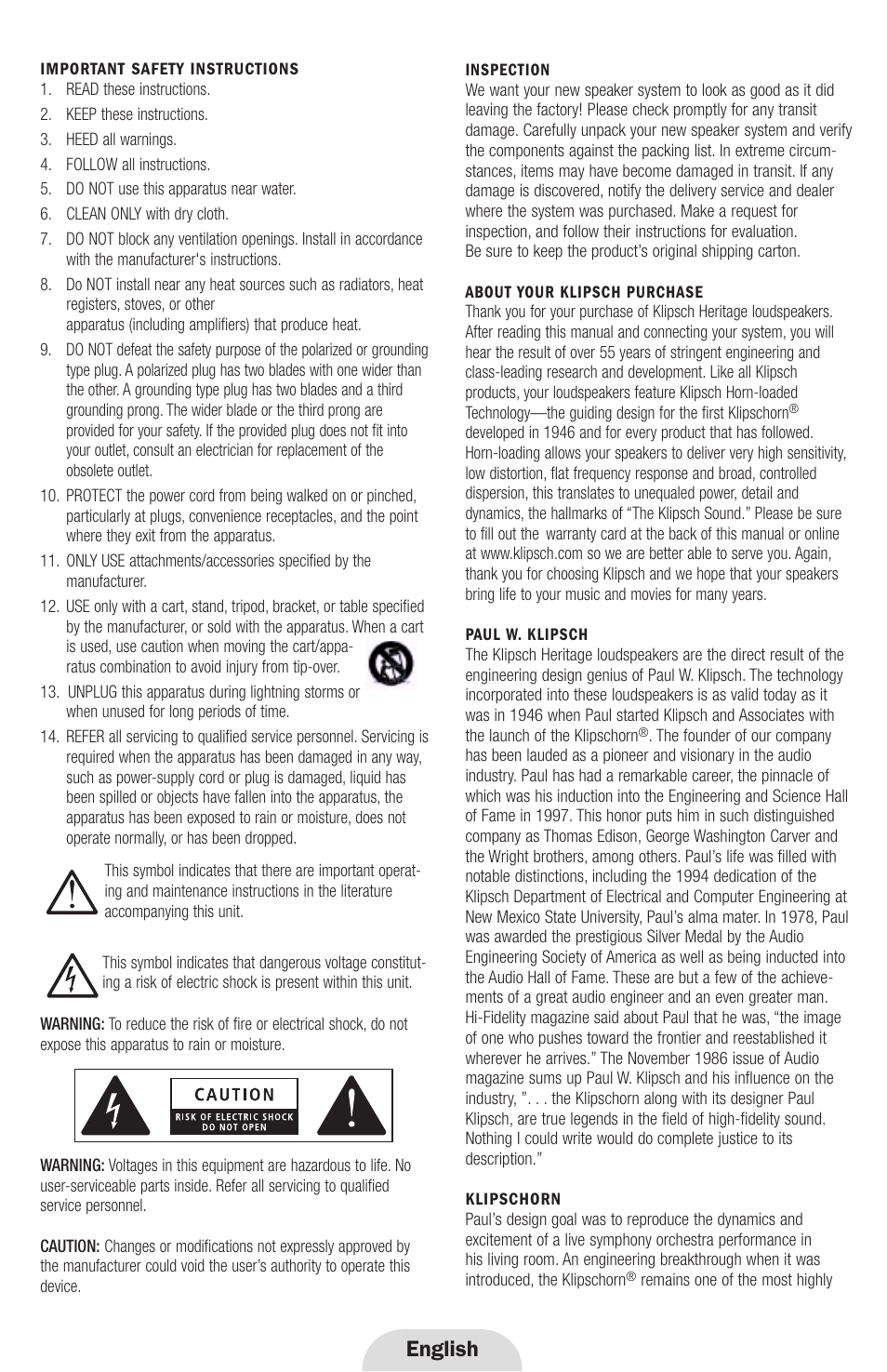 English | Klipsch Heritage Series Heresy III User Manual | Page 2 / 37