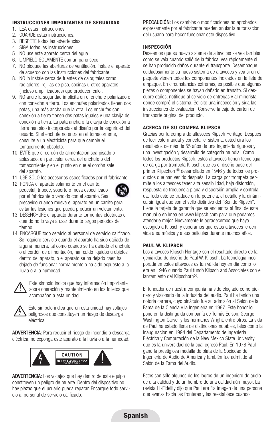 Spanish | Klipsch Heritage Series Heresy III User Manual | Page 23 / 37