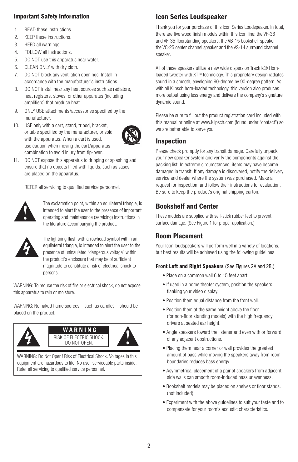 Bookshelf and center, Icon series loudspeaker, Room placement | Inspection, Important safety information | Klipsch Icon Series User Manual | Page 2 / 8