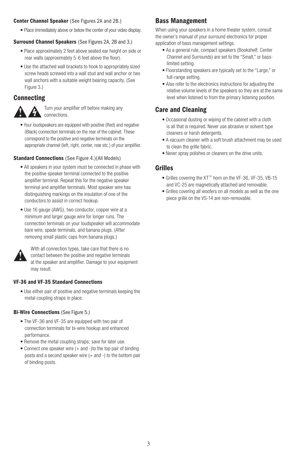 Connecting, Care and cleaning, Bass management | Grilles | Klipsch Icon Series User Manual | Page 3 / 8