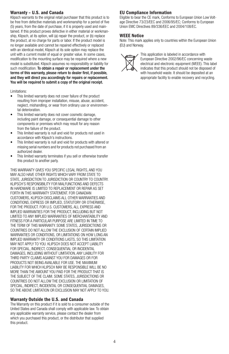 Warranty – u.s. and canada, Warranty outside the u.s. and canada, Eu compliance information | Weee notice | Klipsch Icon Series User Manual | Page 4 / 8