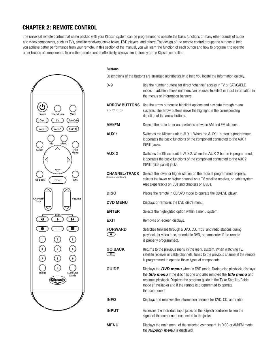 Chapter 2: remote control | Klipsch DVD Audio/Video System CS-700 User Manual | Page 16 / 32