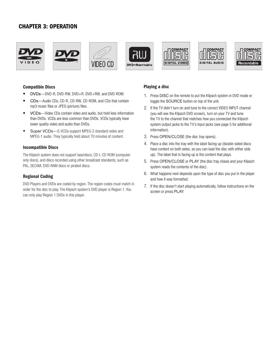 Chapter 3: operation | Klipsch DVD Audio/Video System CS-700 User Manual | Page 18 / 32