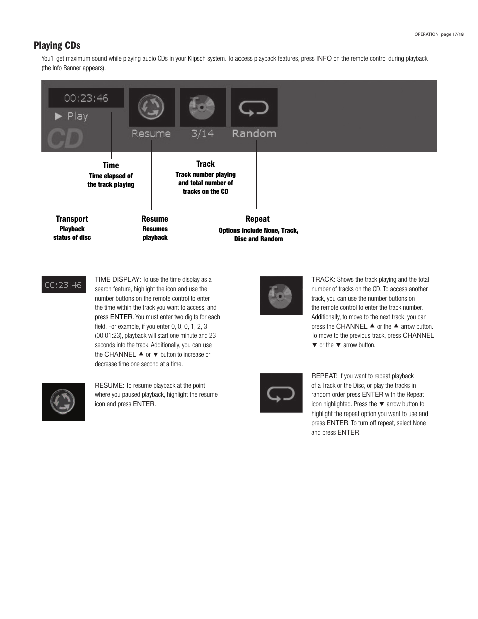 Playing cds, Time transport resume repeat track | Klipsch DVD Audio/Video System CS-700 User Manual | Page 21 / 32