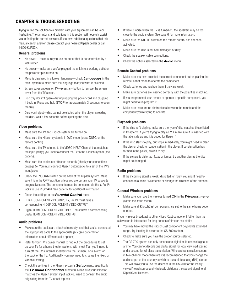 Chapter 5: troubleshooting | Klipsch DVD Audio/Video System CS-700 User Manual | Page 26 / 32