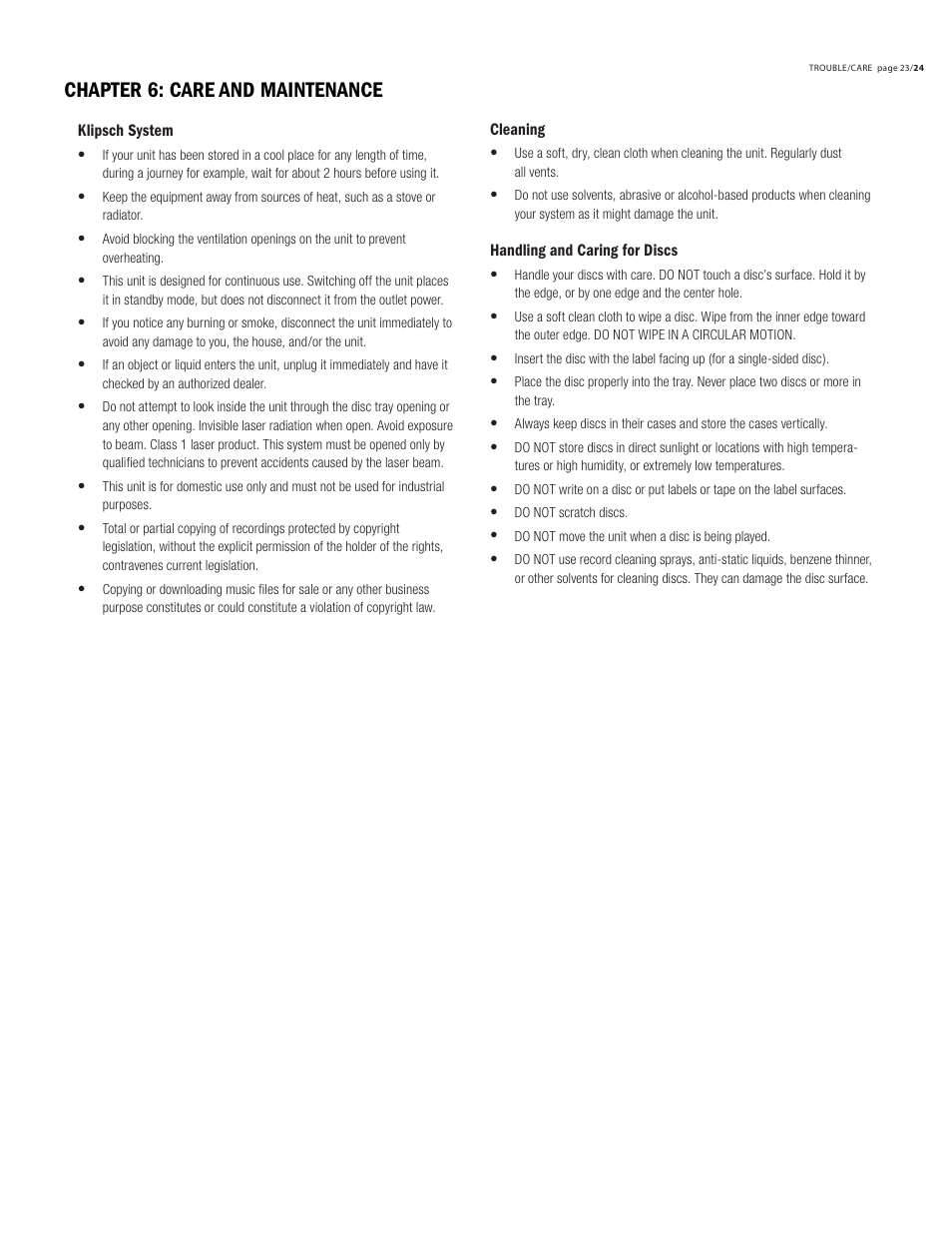 Chapter 6: care and maintenance | Klipsch DVD Audio/Video System CS-700 User Manual | Page 27 / 32
