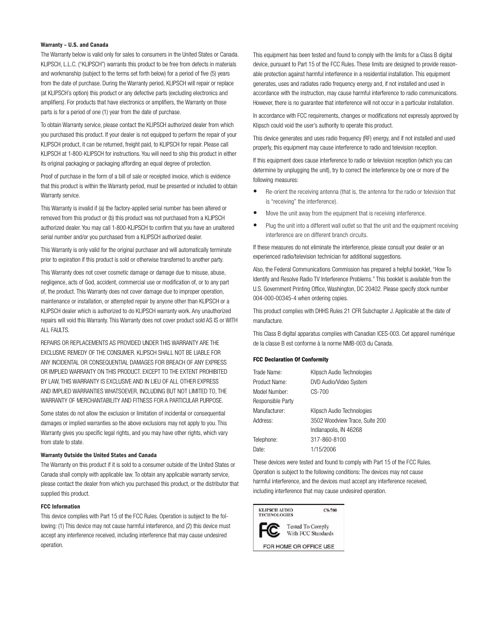Klipsch DVD Audio/Video System CS-700 User Manual | Page 30 / 32