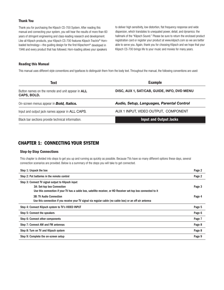 Chapter 1: connecting your system, Example, Input and output jacks text | Klipsch DVD Audio/Video System CS-700 User Manual | Page 4 / 32