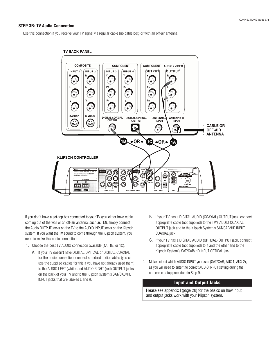 Input and output jacks, Step 3b: tv audio connection, B. c | Klipsch DVD Audio/Video System CS-700 User Manual | Page 7 / 32
