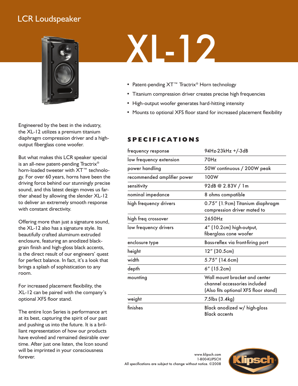 Klipsch Icon Series XL-12 User Manual | 1 page