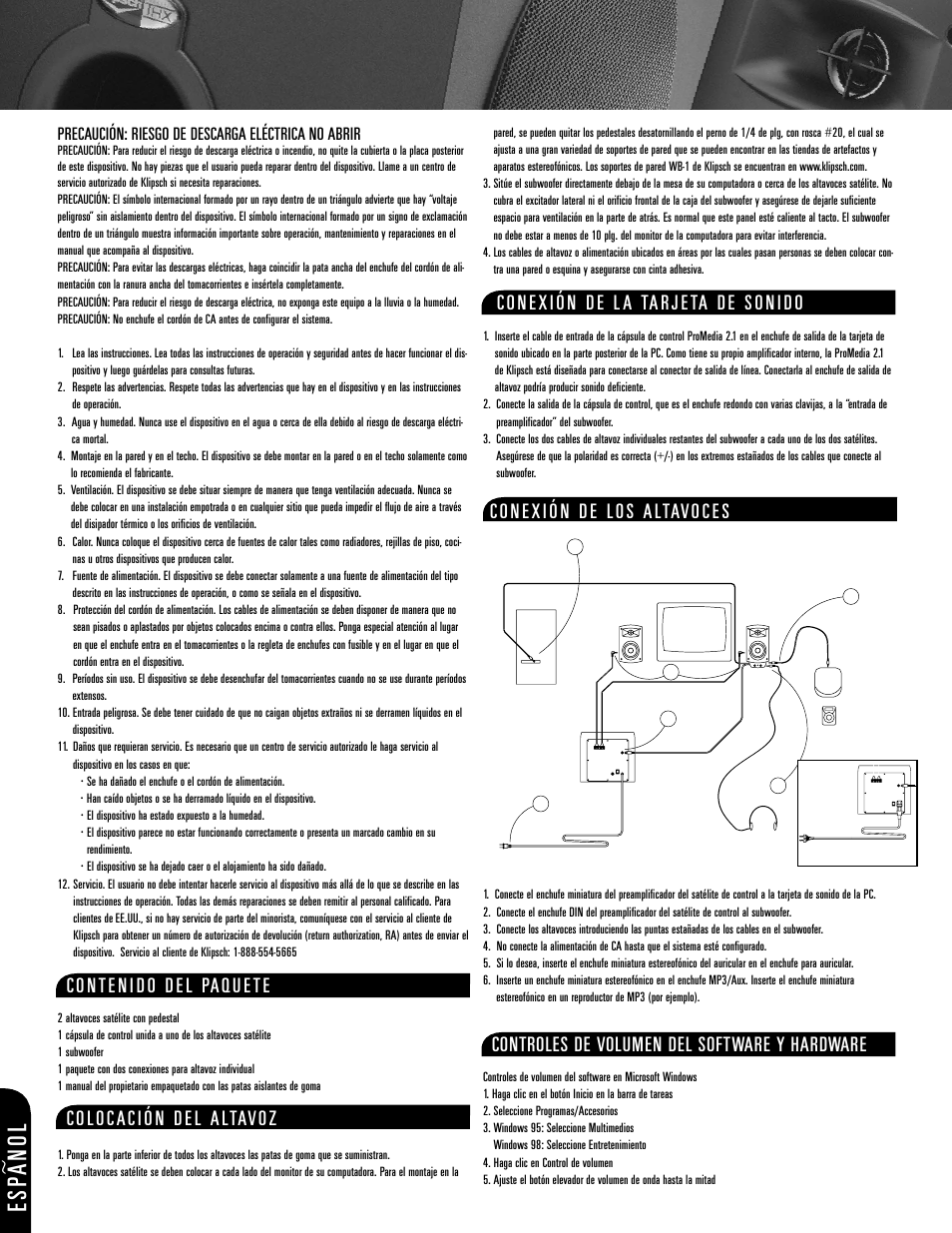 Esp anol, Controles de volumen del software y hardware, Precaución: riesgo de descarga eléctrica no abrir | Klipsch ProMedia 2.1 User Manual | Page 10 / 16