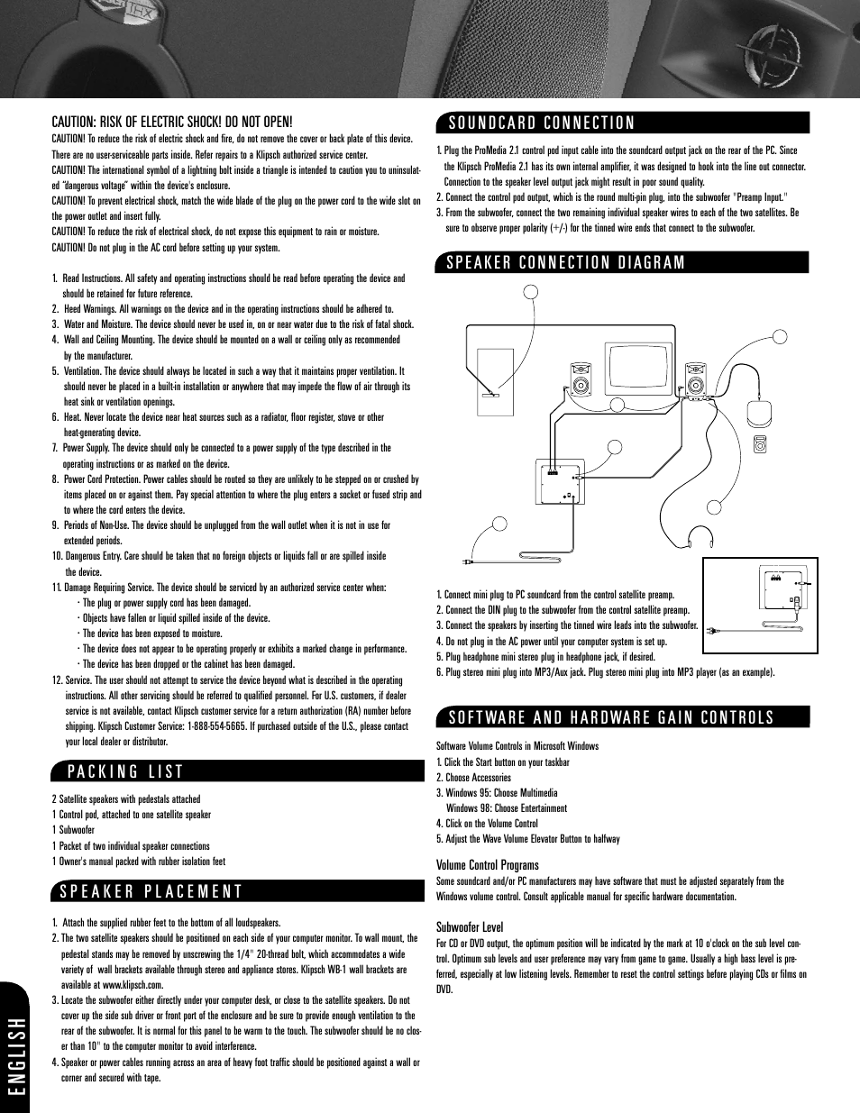 English, Caution: risk of electric shock! do not open | Klipsch ProMedia 2.1 User Manual | Page 2 / 16