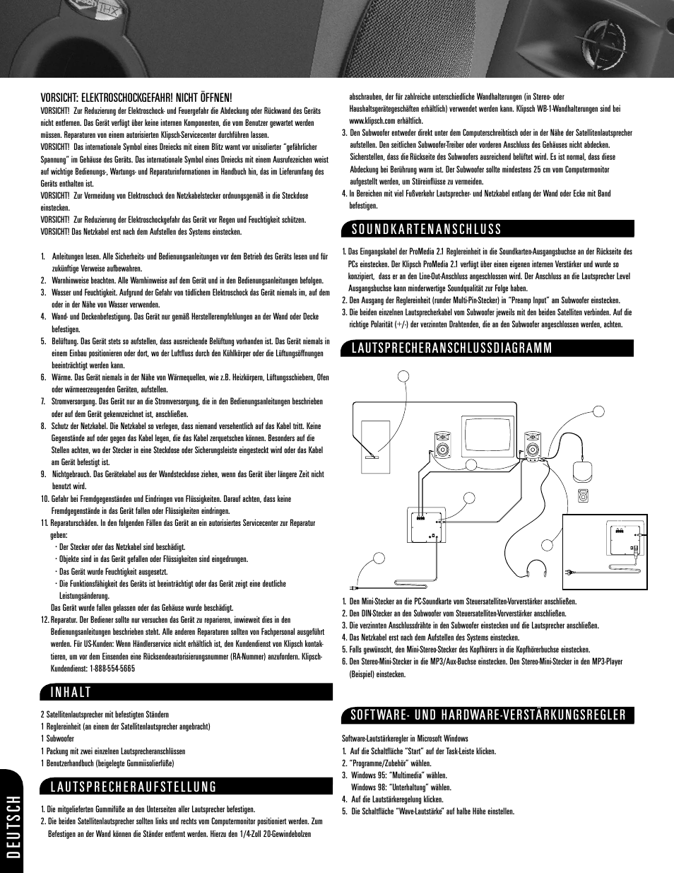 Deut sc h, L autsprecheranschlussdiagramm, Soft ware- und hardware-verstärkungsregler | Klipsch ProMedia 2.1 User Manual | Page 6 / 16