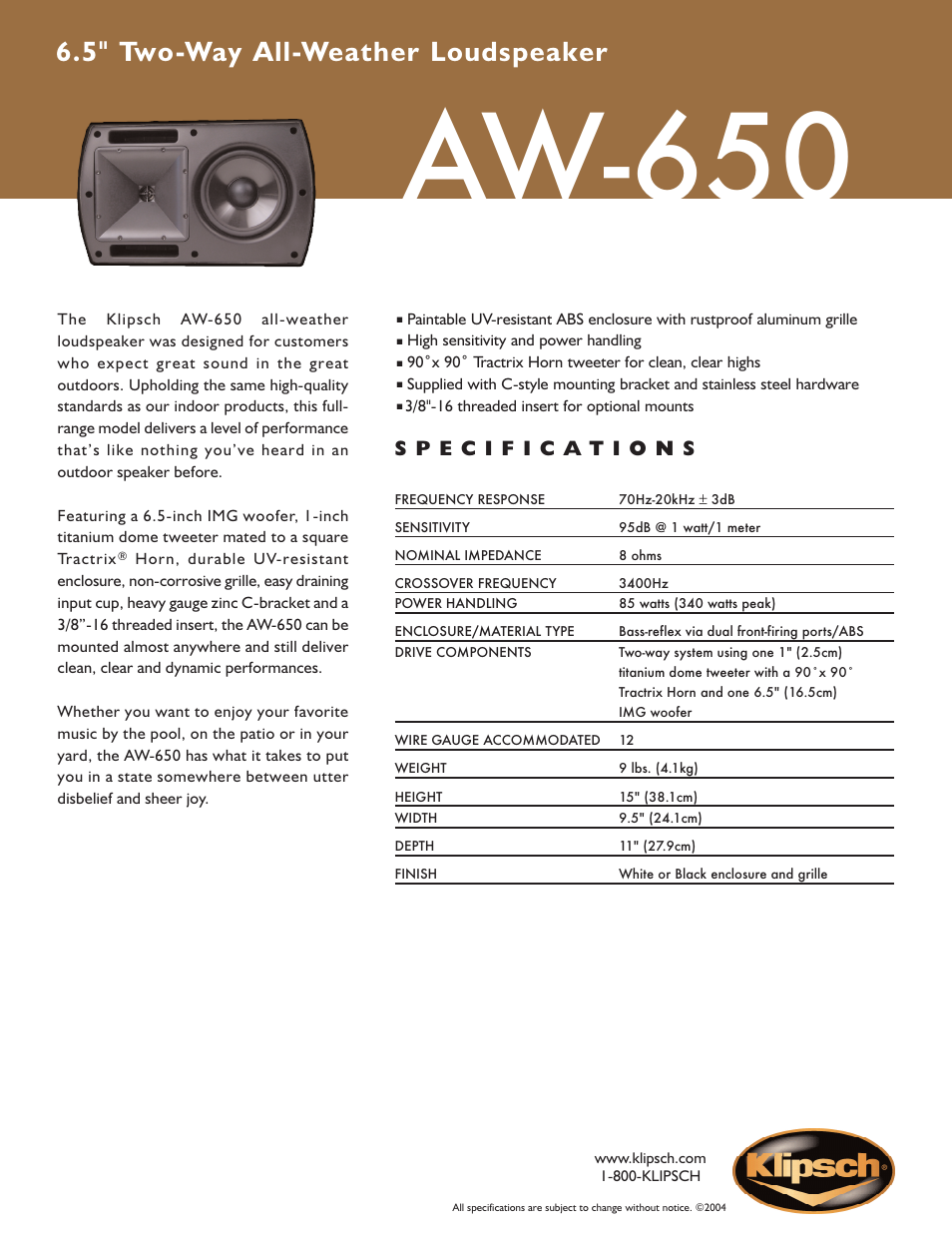 Klipsch Reference All-Weather Series AW-650 User Manual | 1 page