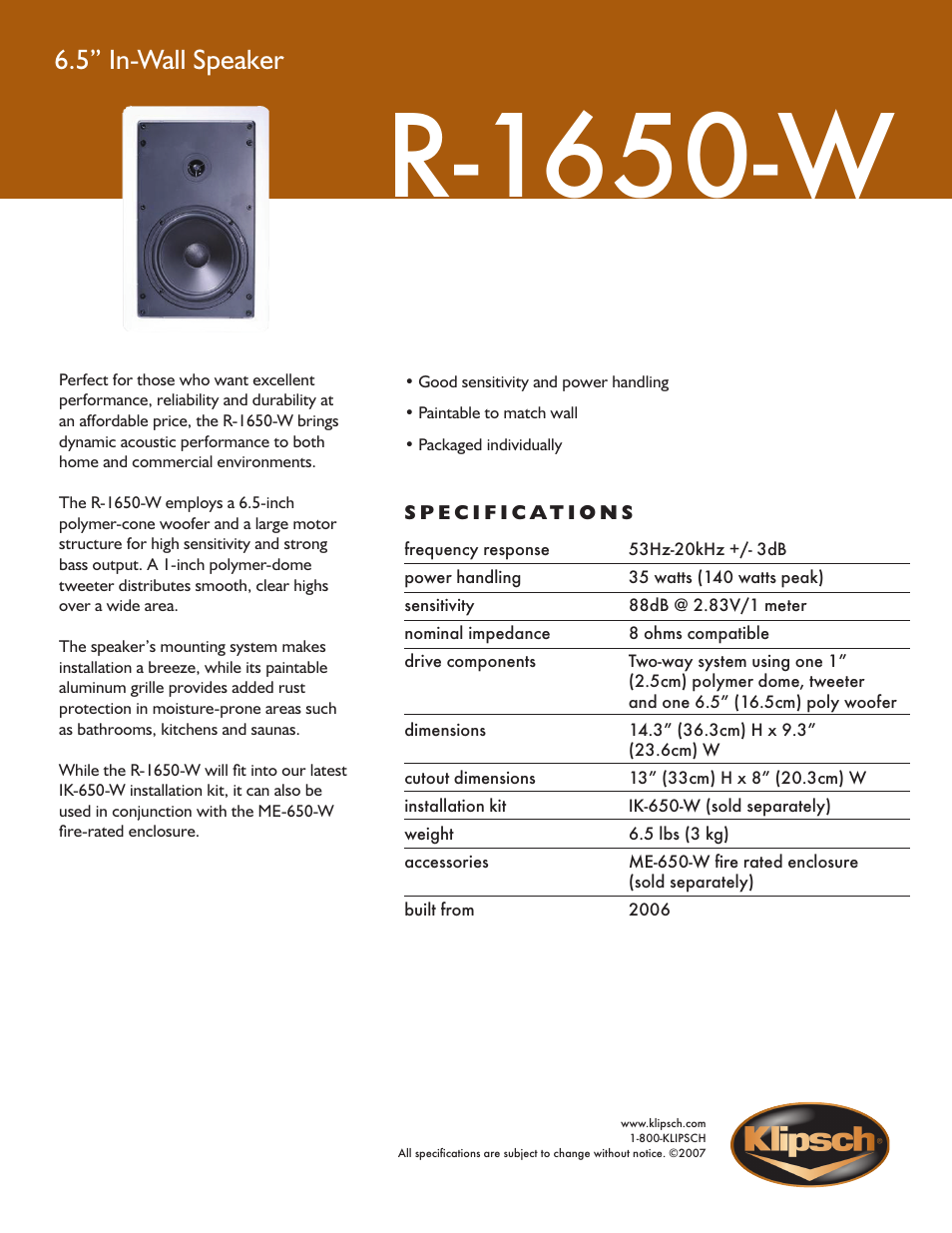 Klipsch IN-WALL R-1650-W User Manual | 1 page