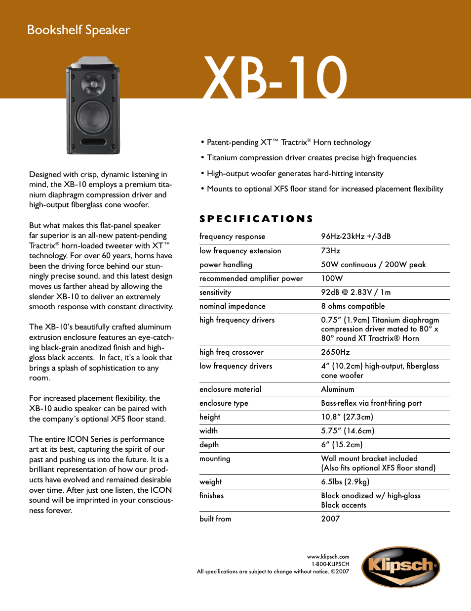 Klipsch Icon Series XB-10 User Manual | 1 page