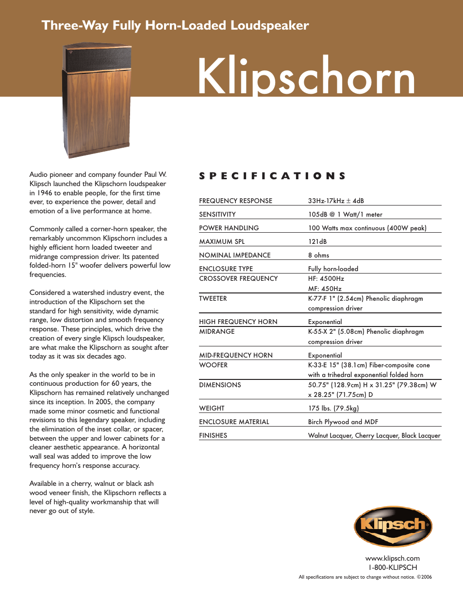 Klipsch Heritage Series Klipschorn User Manual | 1 page