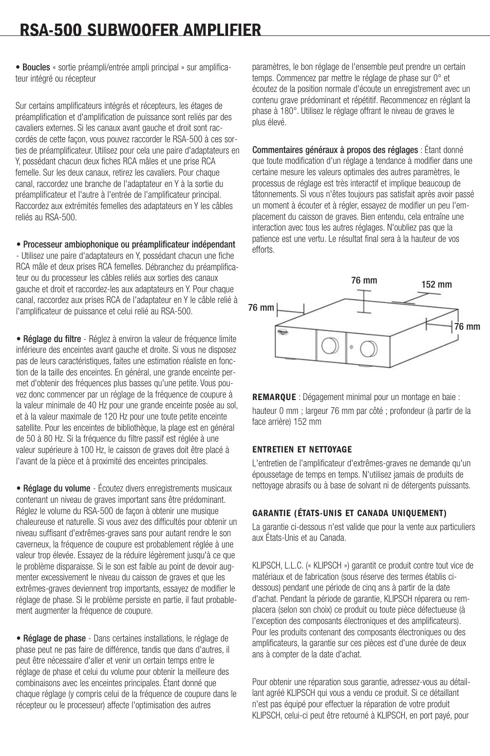 Rsa-500 subwoofer amplifier | Klipsch RSA-500 User Manual | Page 10 / 16
