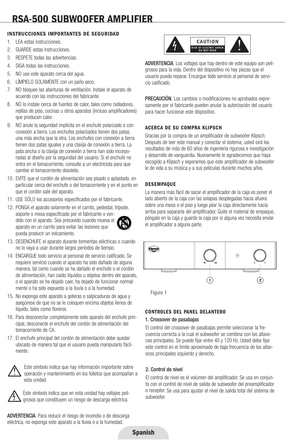 Rsa-500 subwoofer amplifier, Spanish | Klipsch RSA-500 User Manual | Page 12 / 16