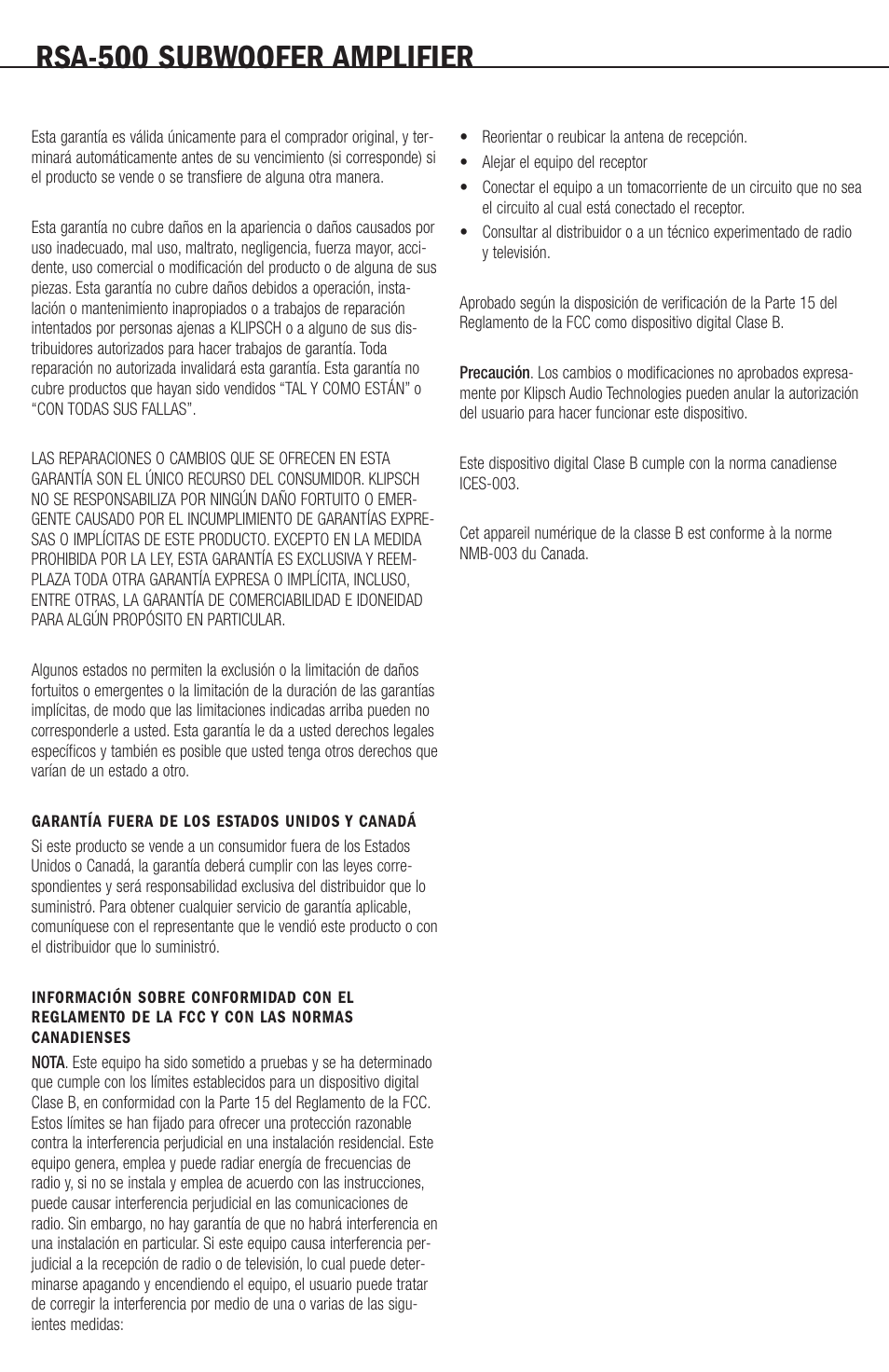 Rsa-500 subwoofer amplifier | Klipsch RSA-500 User Manual | Page 16 / 16