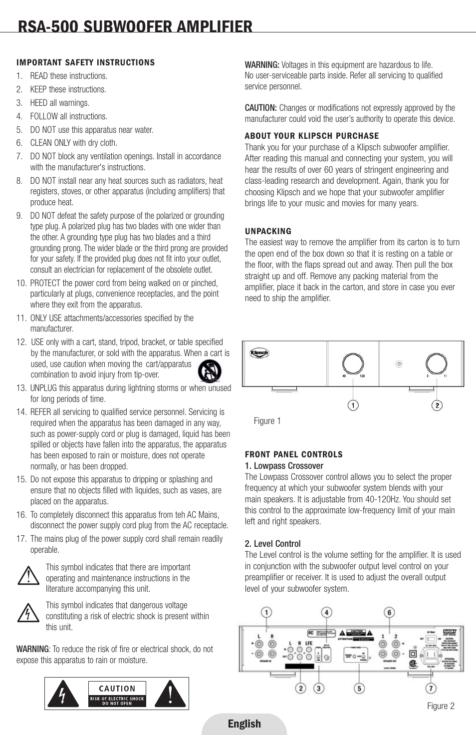 Rsa-500 subwoofer amplifier, English | Klipsch RSA-500 User Manual | Page 2 / 16