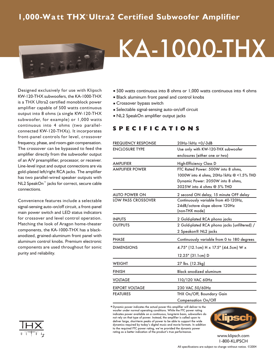 Klipsch HD Theater KA-1000-THX User Manual | 1 page