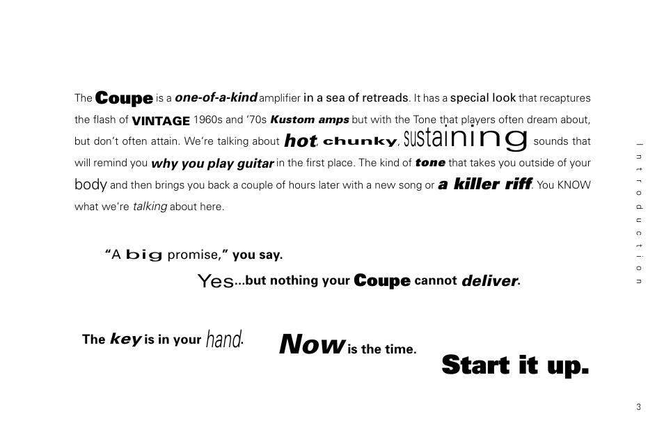 Sustaining, Start it up, Hand | Coupe, A killer riff | Kustom 36 coupe User Manual | Page 5 / 28